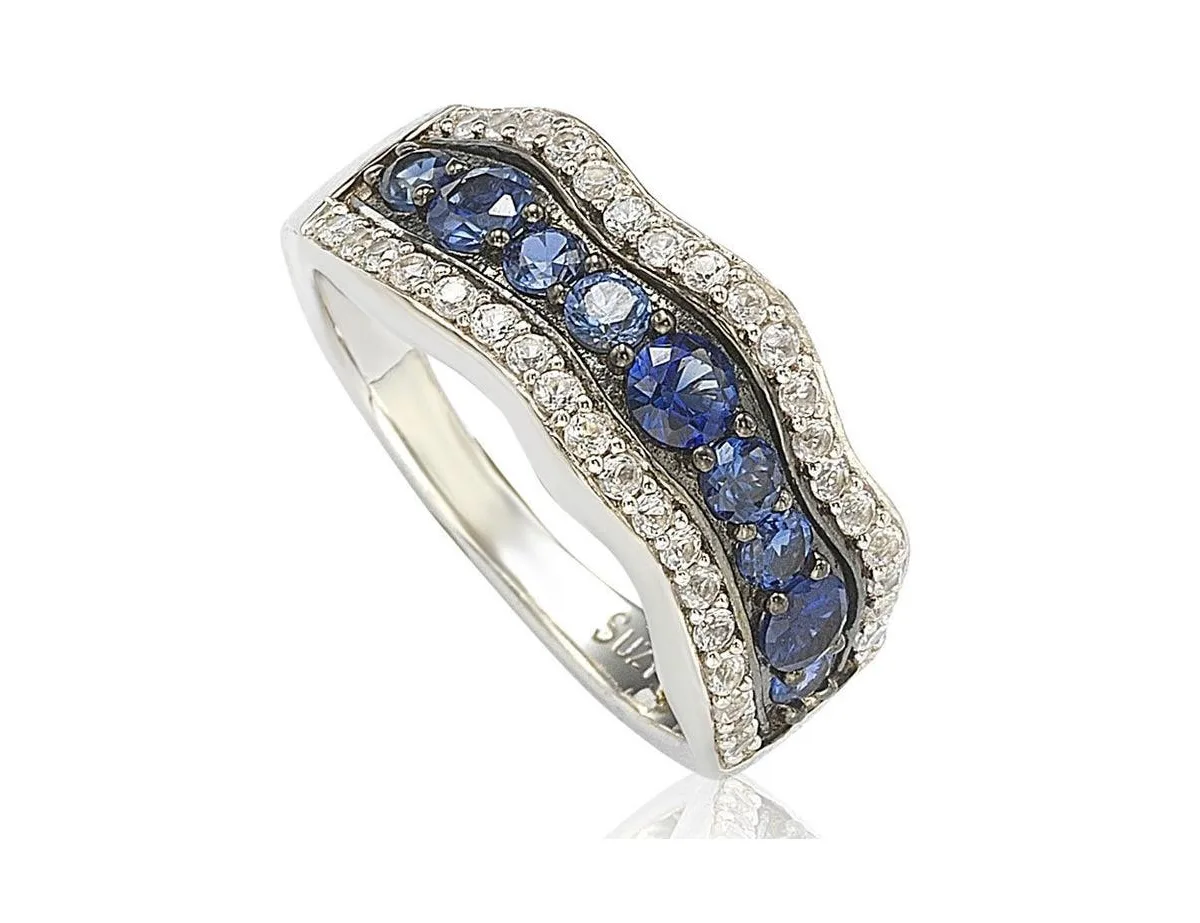 Sterling Silver Sapphire & Created White Sapphire 9 Stone Curvy Frame Ring by Suzy Levian New York
