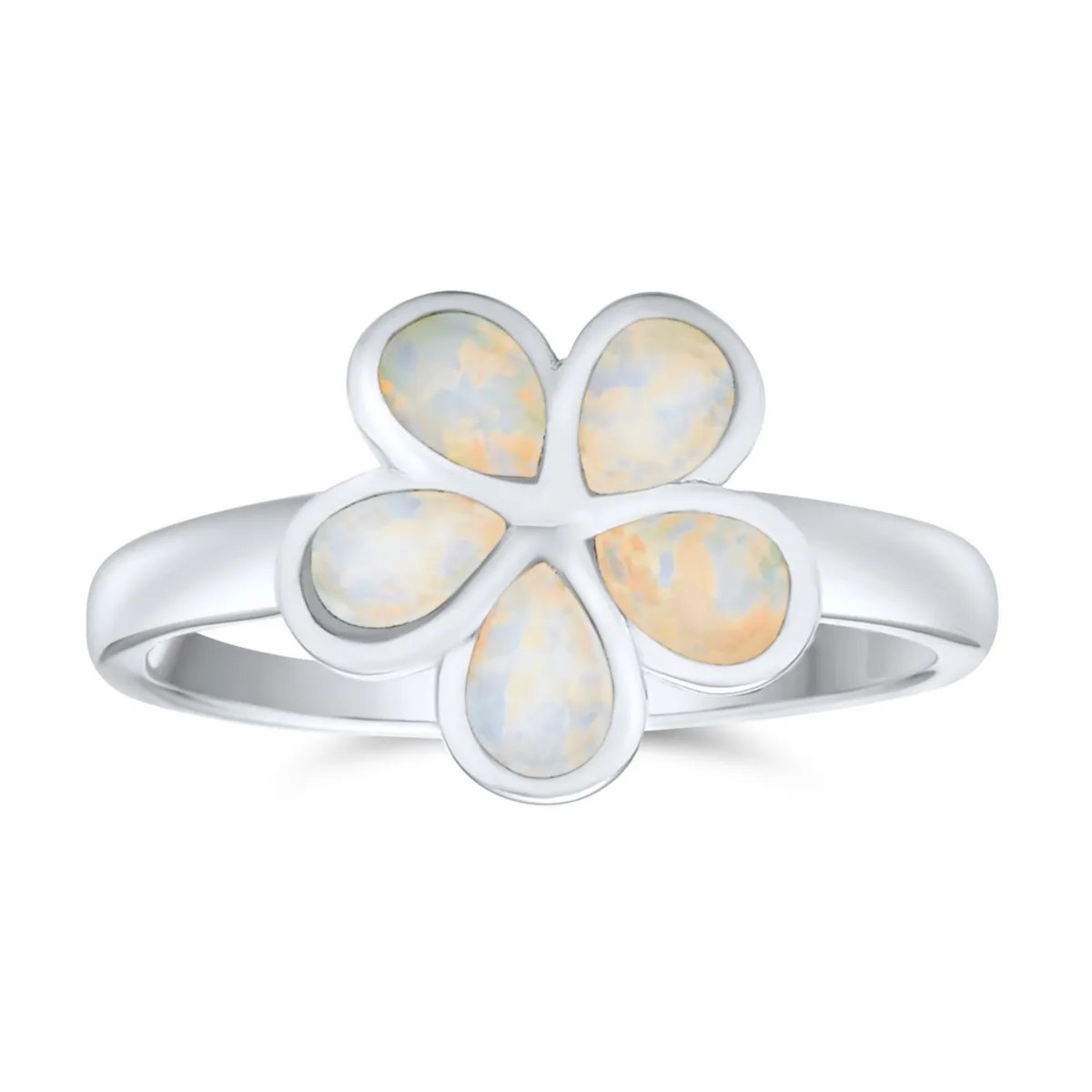 White Created Opal Hawaiian Plumeria Flower Ring.925 Sterling Silver