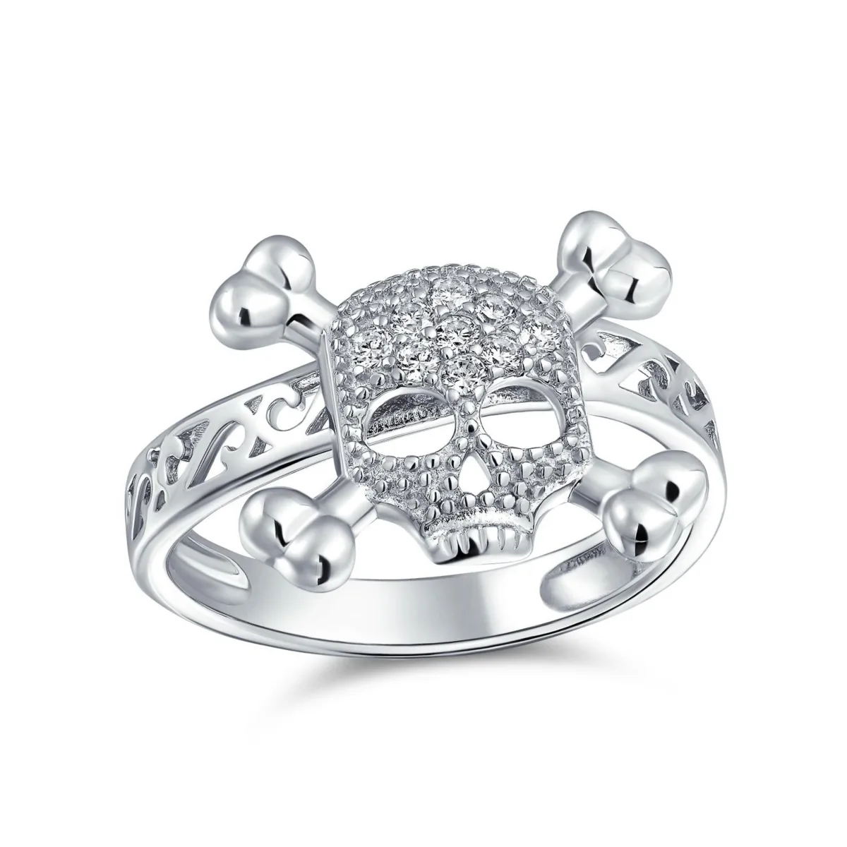 Cocktail Statement Ring: Cz Pirate Skull Crossbones for Punk Goth in Sterling Silver by Bling Jewelry