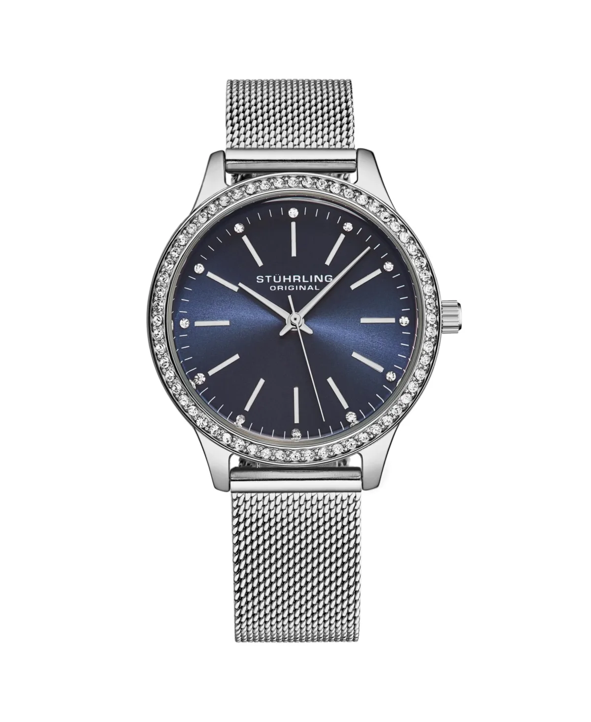 Quartz Watch Crystal Studded Silver Tone Stainless Steel Case Blue Dial Silver Hands and Markers Mesh Bracelet by Stuhrling