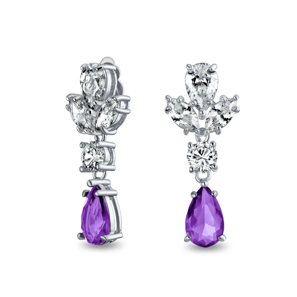 Cubic Zirconia Cz Statement Dangle Leaf Teardrop Formal Chandelier Clip on Earrings Silver Plated