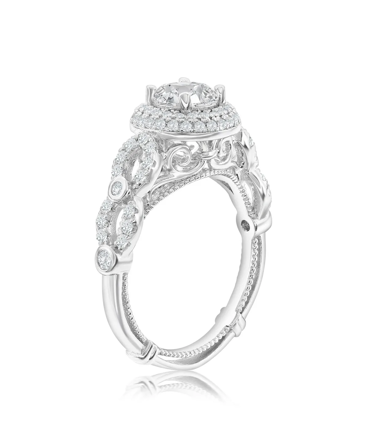 Sterling Silver White Cubic Zirconia Pave Halo Center Stone Ring by Suzy Levian New York