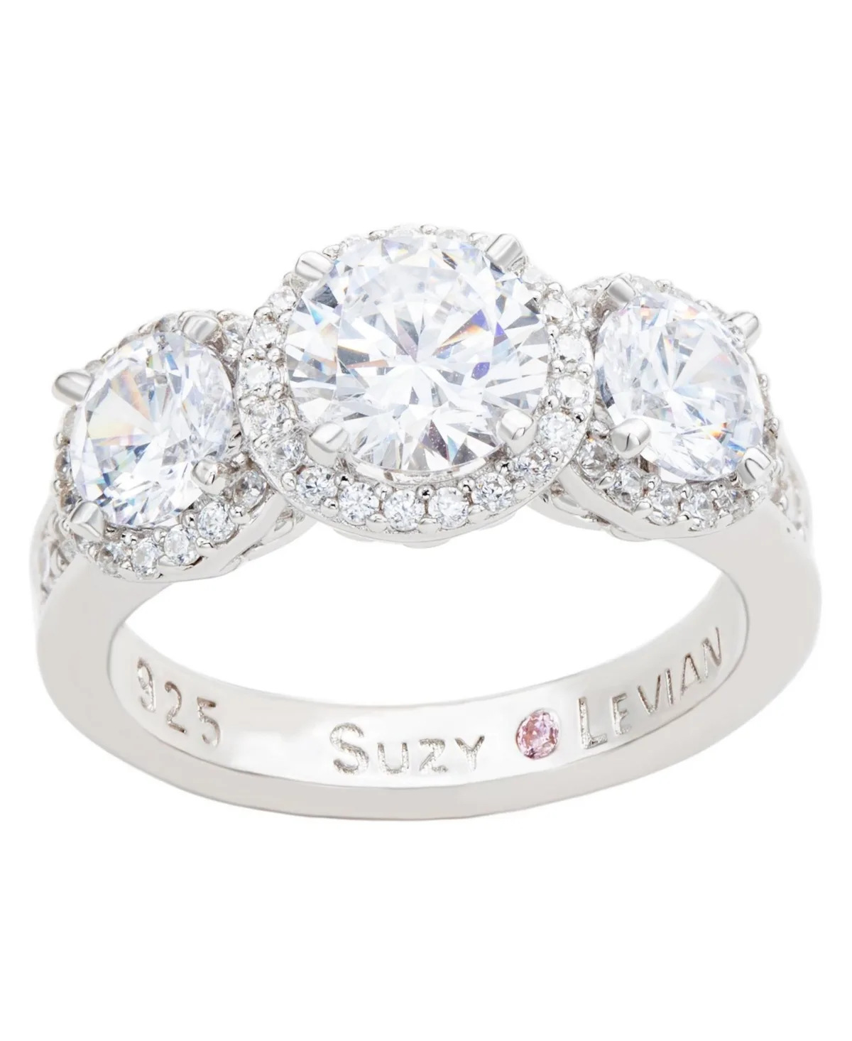 Sterling Silver Cubic Zirconia White Three Stones Halo Center Stone Ring by Suzy Levian New York