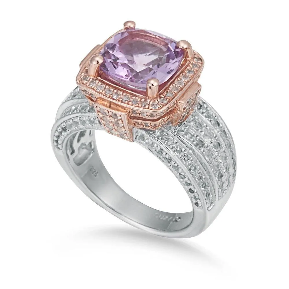 Two-Tone Sterling Silver Cushion Cut Center Topaz Cocktail Milano Ring
