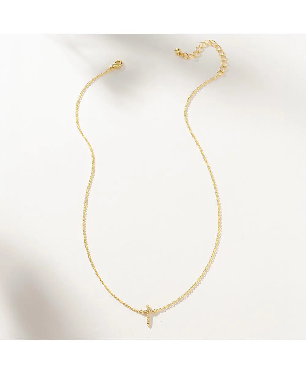 14K Gold-Plated Simple Cross Necklace, 14" + 2" Extender