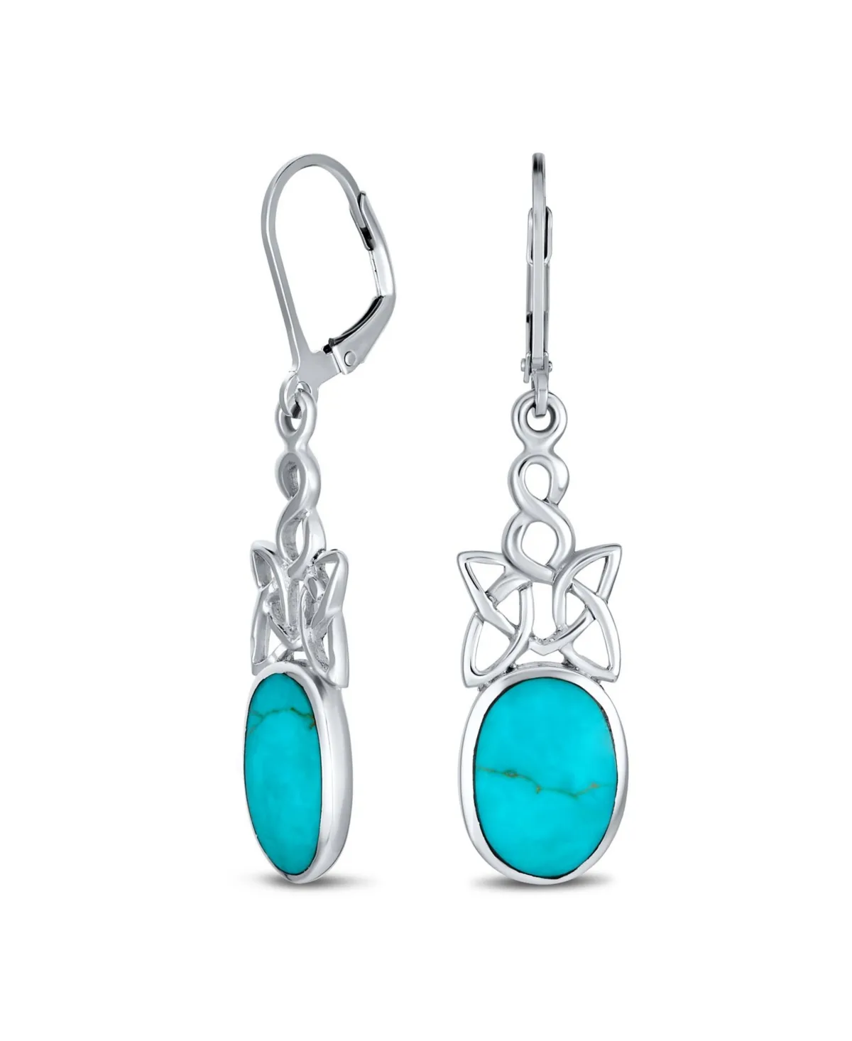 Celtic Love Knot Work Bezel Set Oval Blue Natural Turquoise Lever Back Dangle Earrings Western Style Sterling Silver
