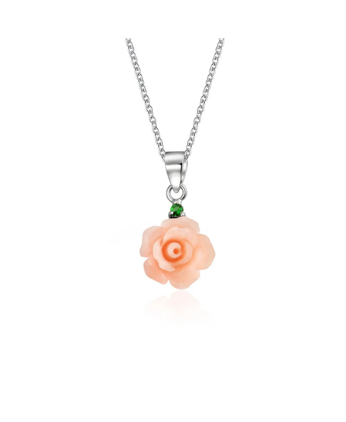Delicate Floral Blooming 3D Pink Rose Flower Green Cz Accent Pendant Necklace Sterling Silver by Bling Jewelry