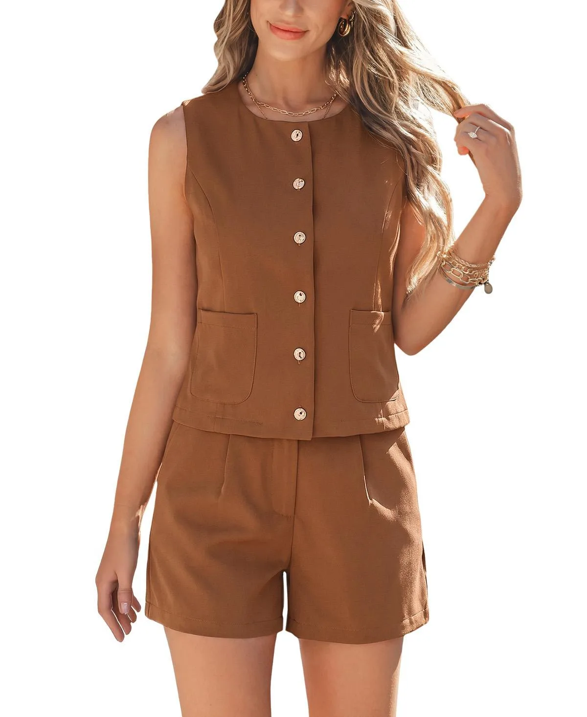Button-Down Sleeveless Vest Top and High-Waisted Shorts Outfits by Cupshe