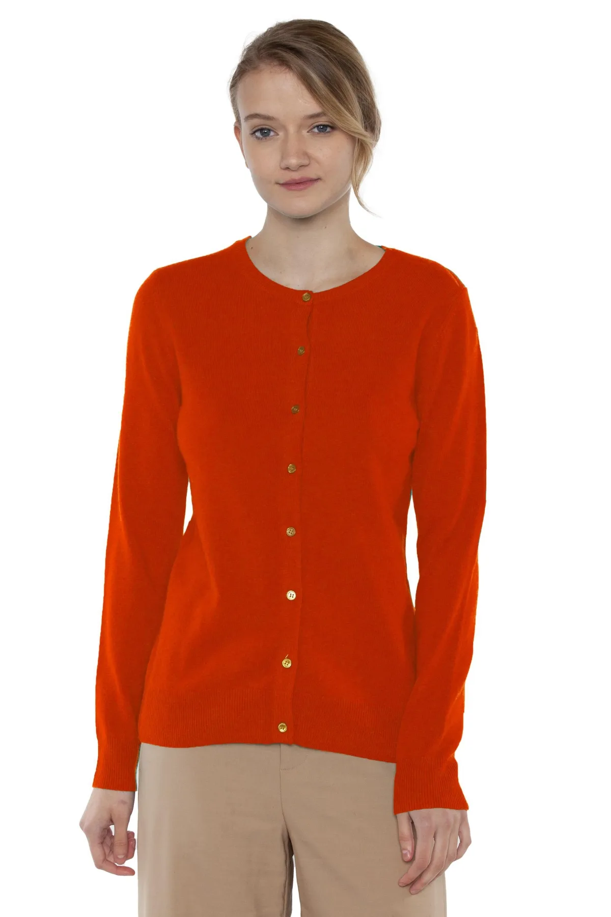 100% Cashmere Button Front Long Sleeve Crewneck Cardigan Sweater by Jennie Liu