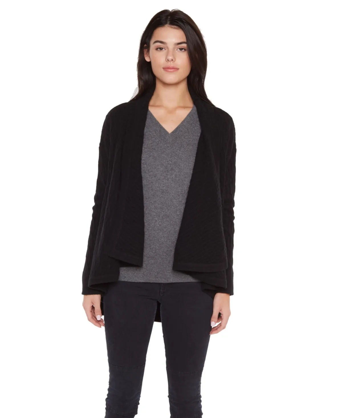 100% Pure Cashmere 4-Ply Cable-Knit Drape-Front Open Cardigan Sweater by Jennie Liu