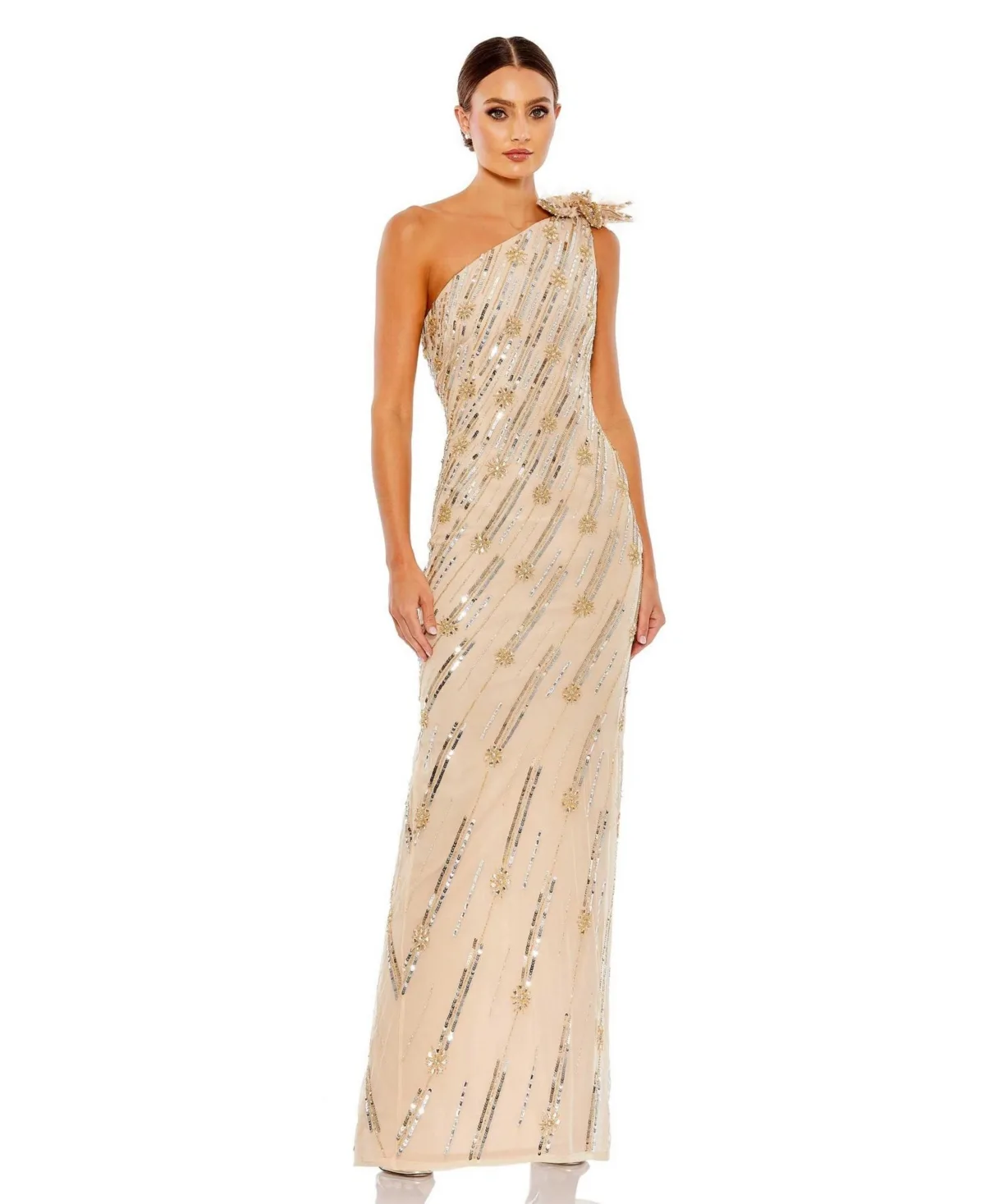 Embellished Floral Detail One Shoulder Gown