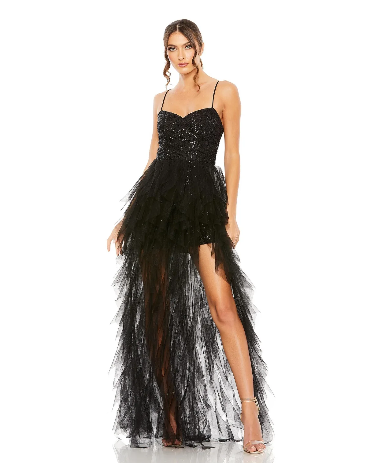 Ieena Sequin Mini Dress with High Low Ruffle Tiered Train by Mac Duggal
