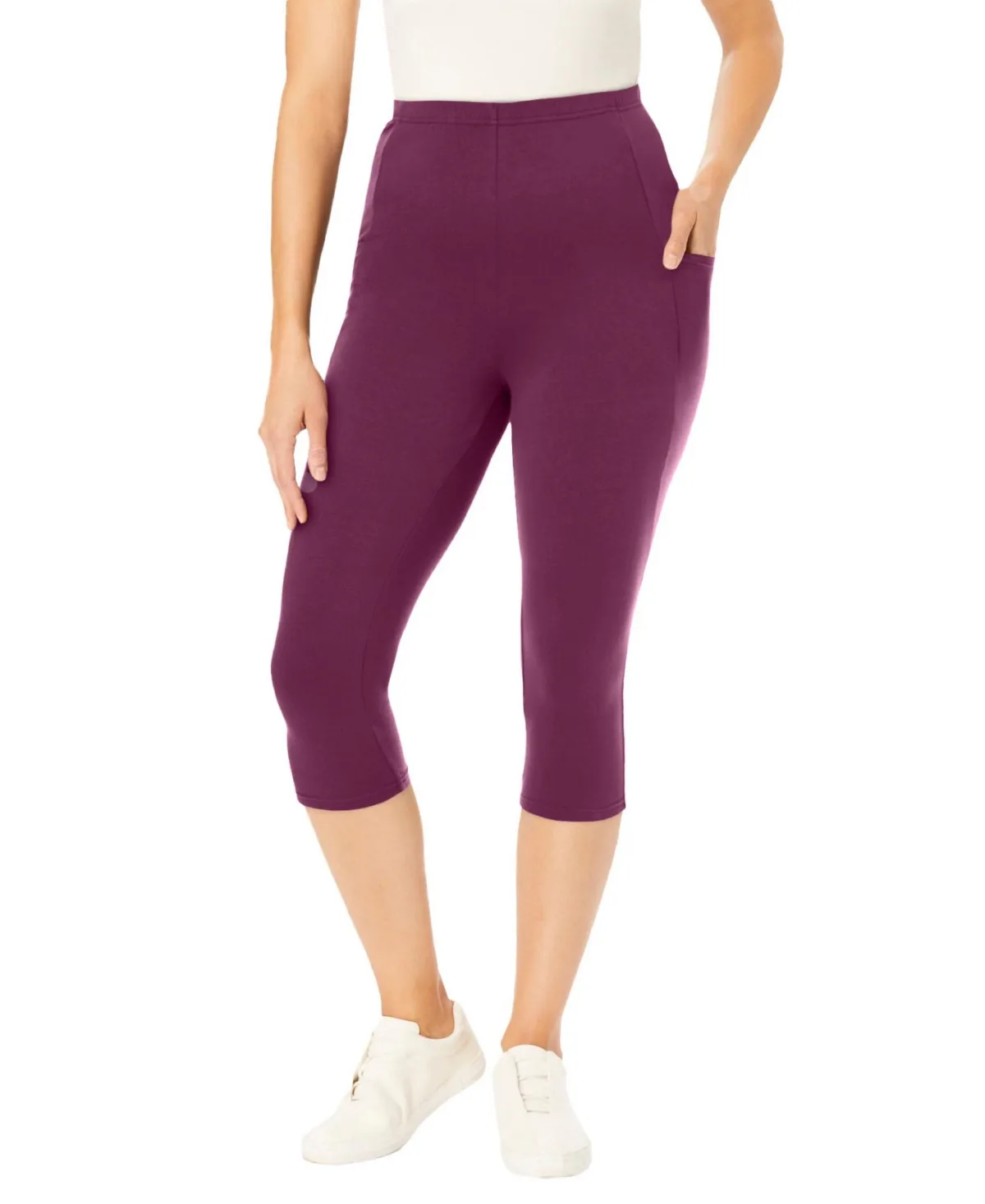 Stretch-Cotton Knit Pull-On Pocket Capri Leggings