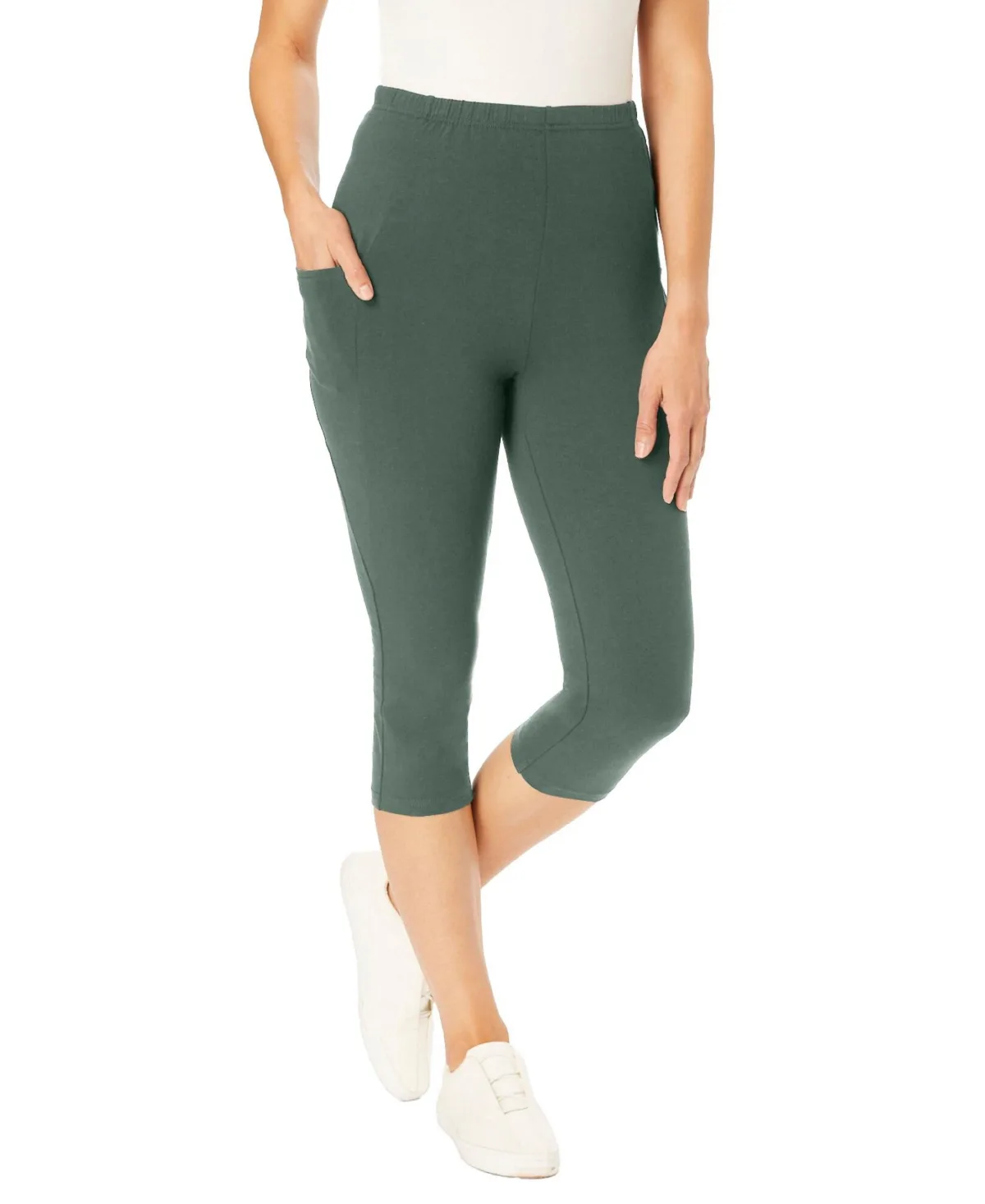Stretch-Cotton Knit Pull-On Pocket Capri Leggings