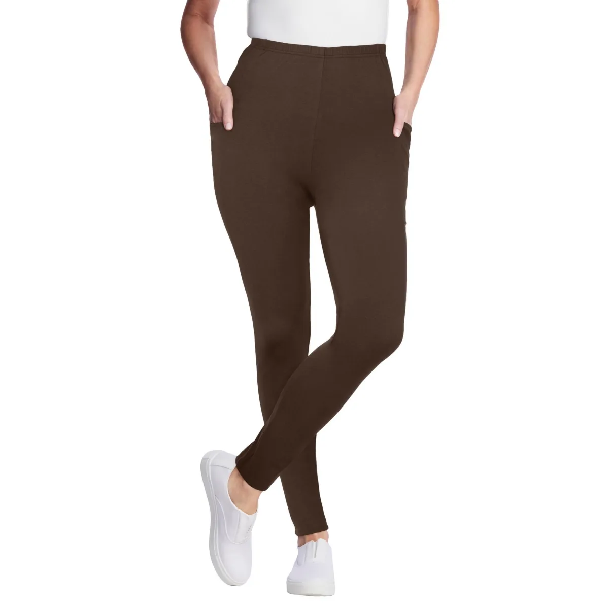 Stretch-Cotton Knit Pull-On Pocket Leggings by Woman Within