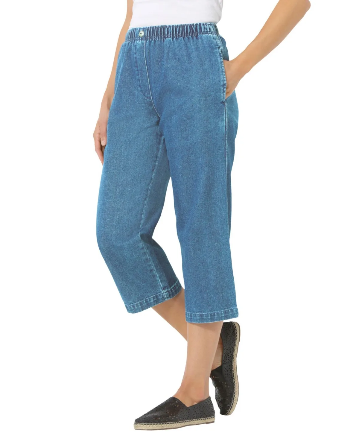 7-Day Elastic-Waist Pull-On Cotton Denim Capri Jeans by Woman Within