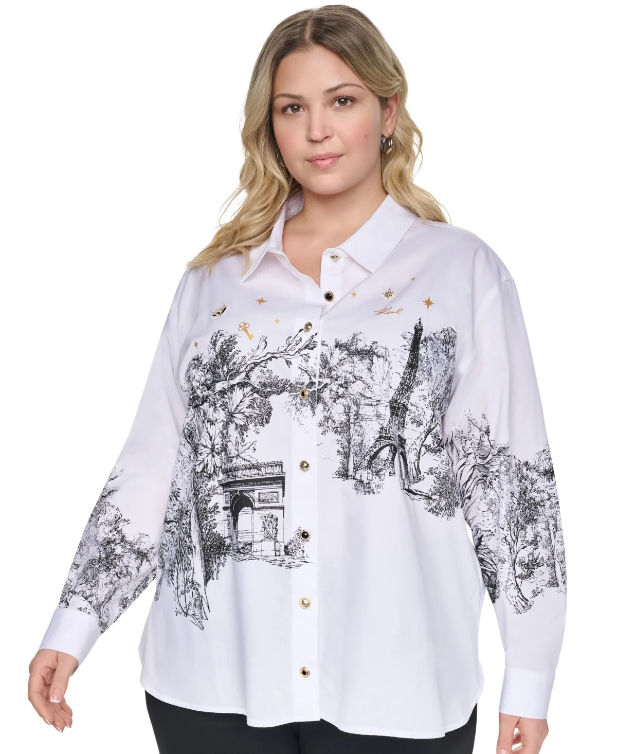 City Scene Poplin Collared Long-Sleeve Top by Karl Lagerfeld Paris