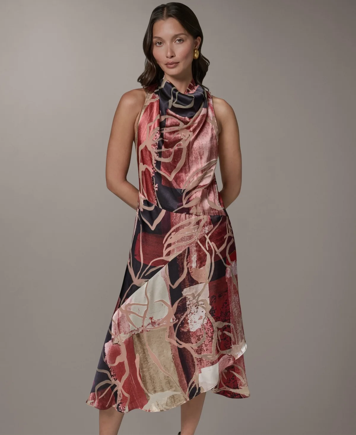 Printed Burnout High Cowl Neck Dress by Donna Karan New York