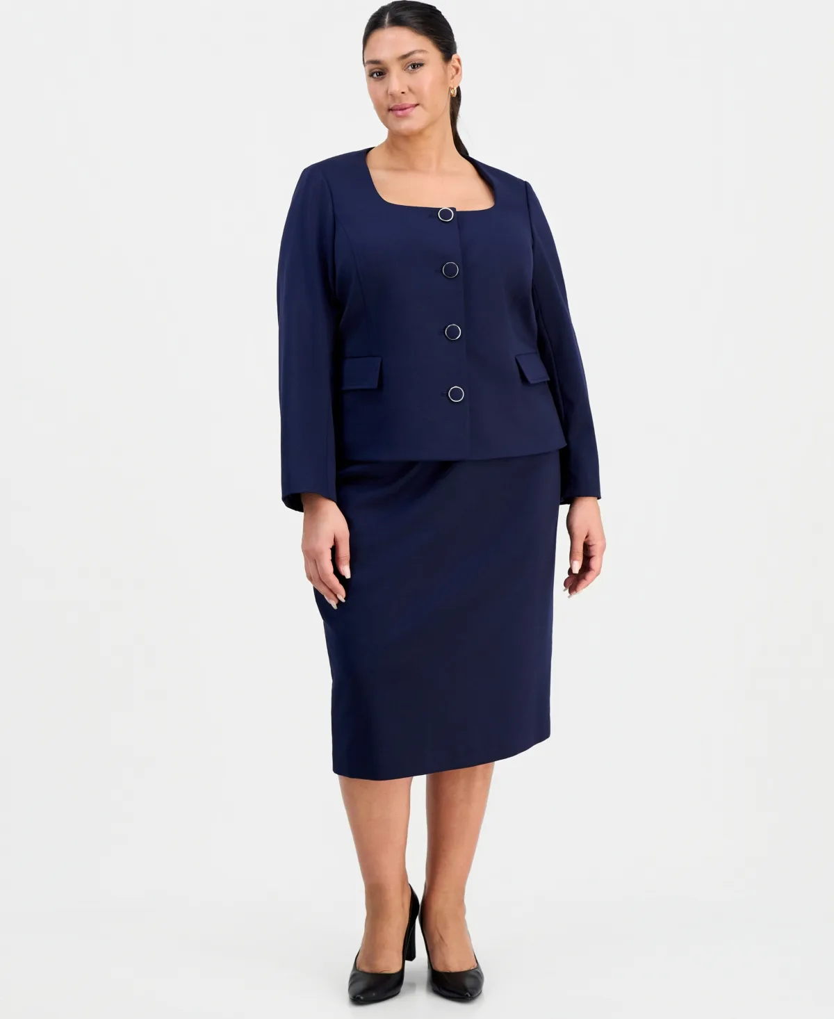 Square-Neck Button-Front Ponte 2 Piece Skirt Suit by Le Suit