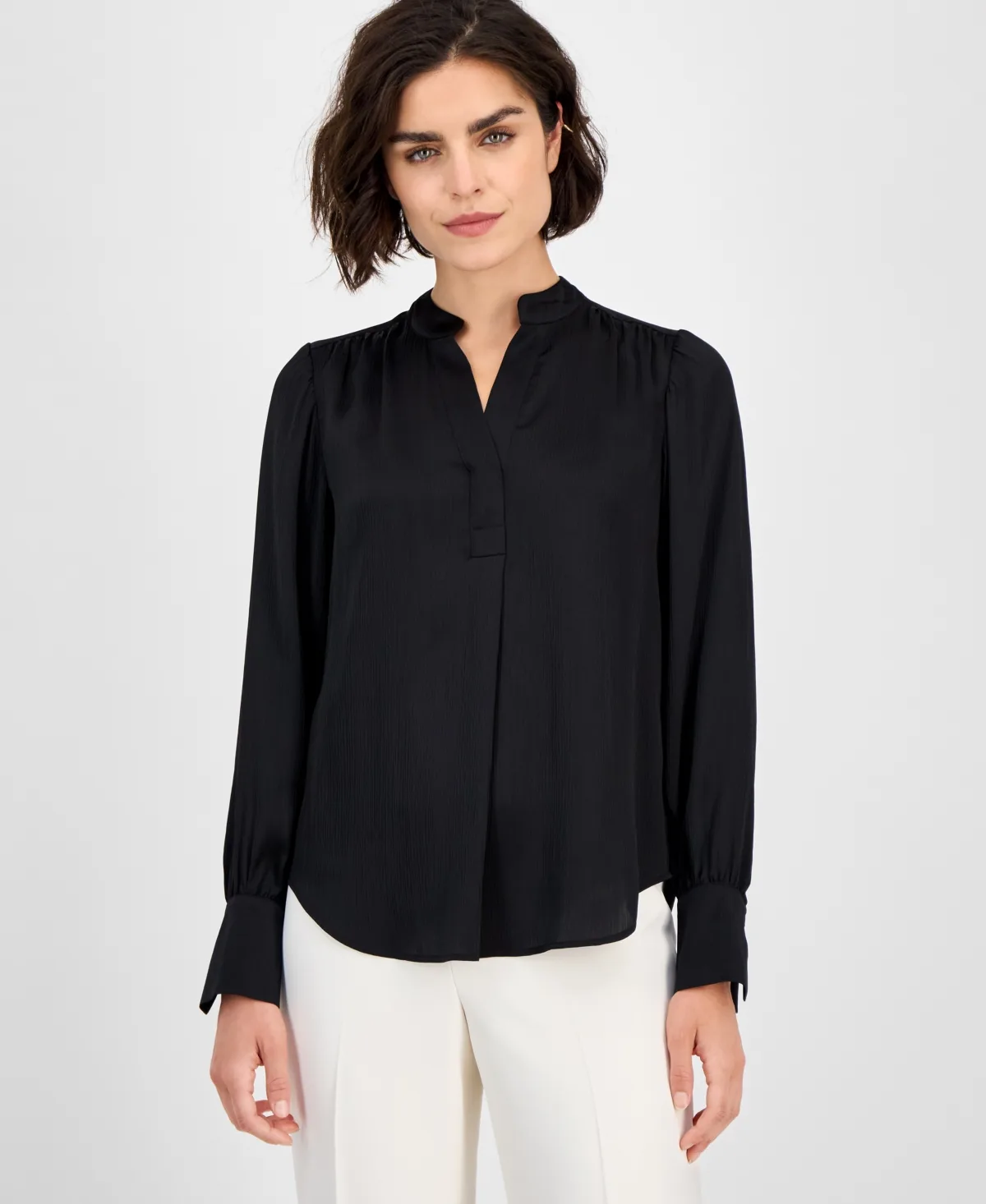 Textured Split-Neck Long-Sleeve Top by Anne Klein