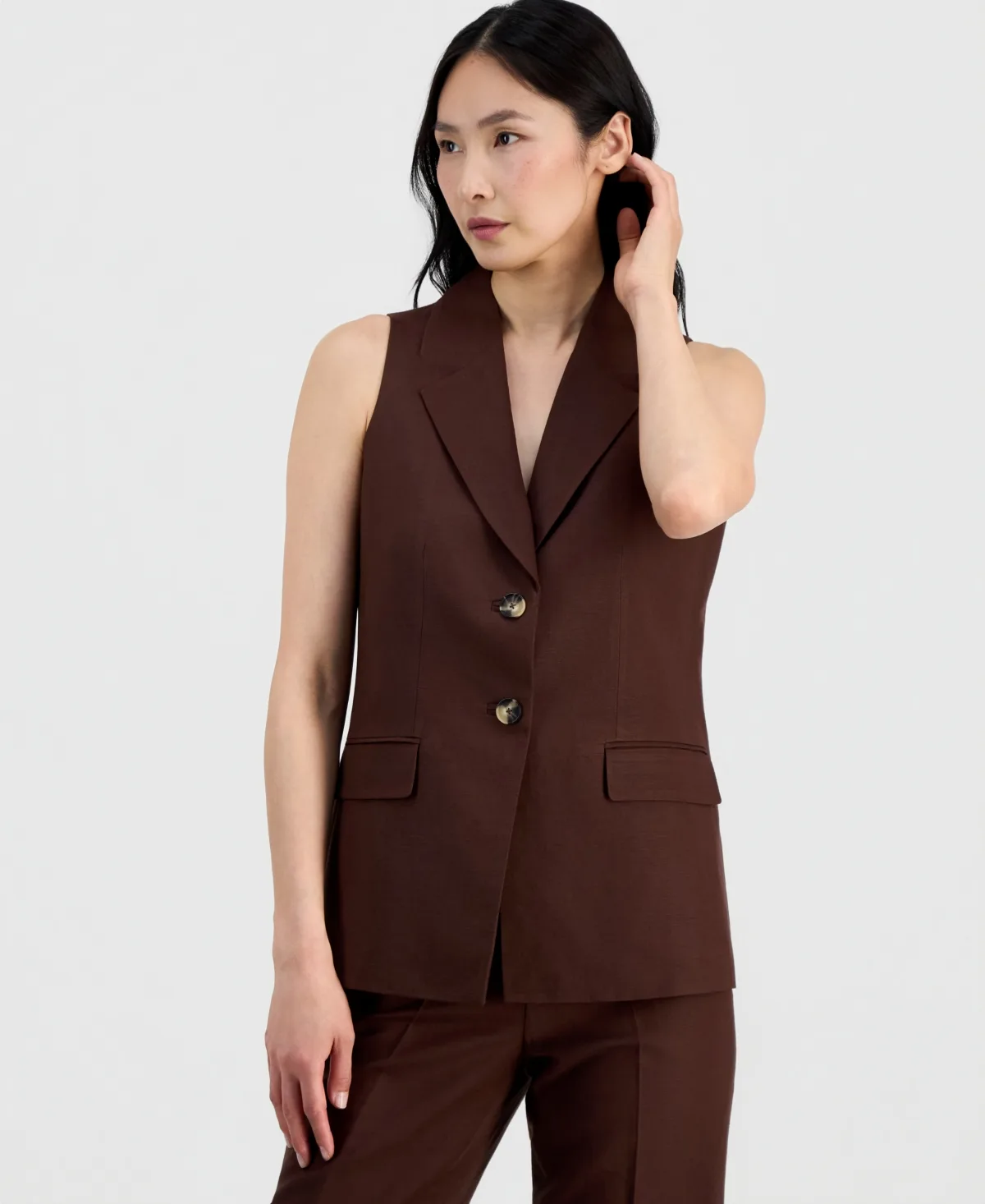 Linen-Blend Two-Button Notch-Collar Vest by Anne Klein
