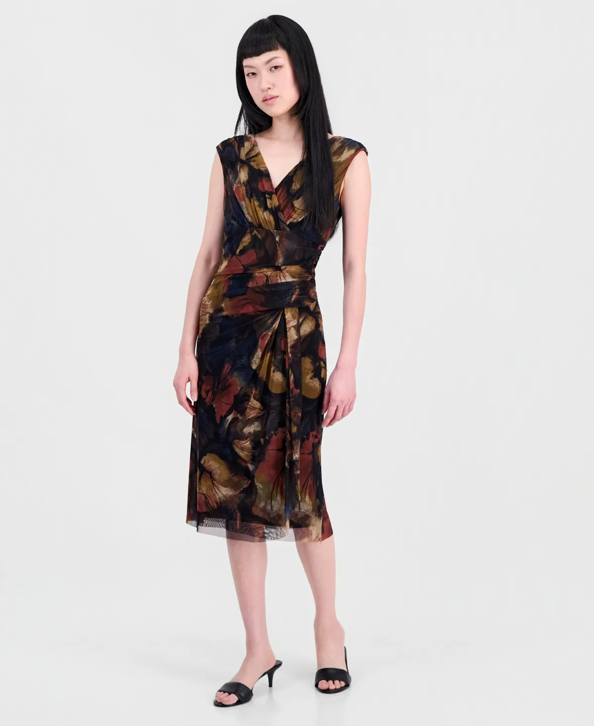 Printed Surplice-Neck Pleated Dress by Connected