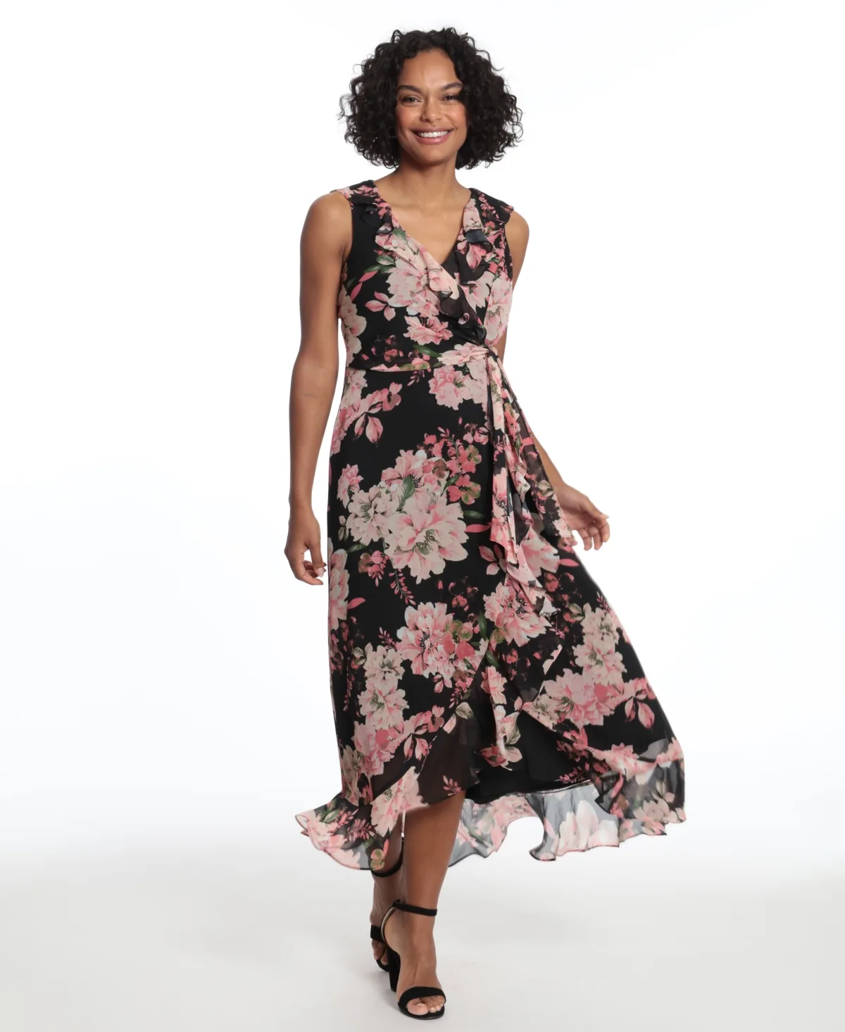 Side Tie Ruffle Wrap V-Neck Dress by London Times