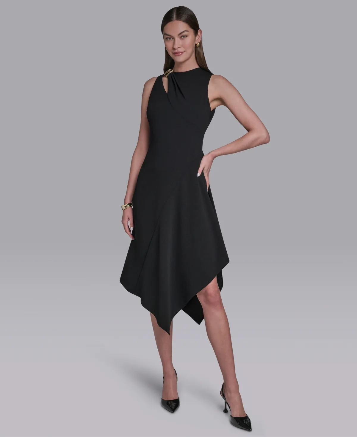 Keyhole Detail Sleeveless Asymmetrical Hem Midi Dress