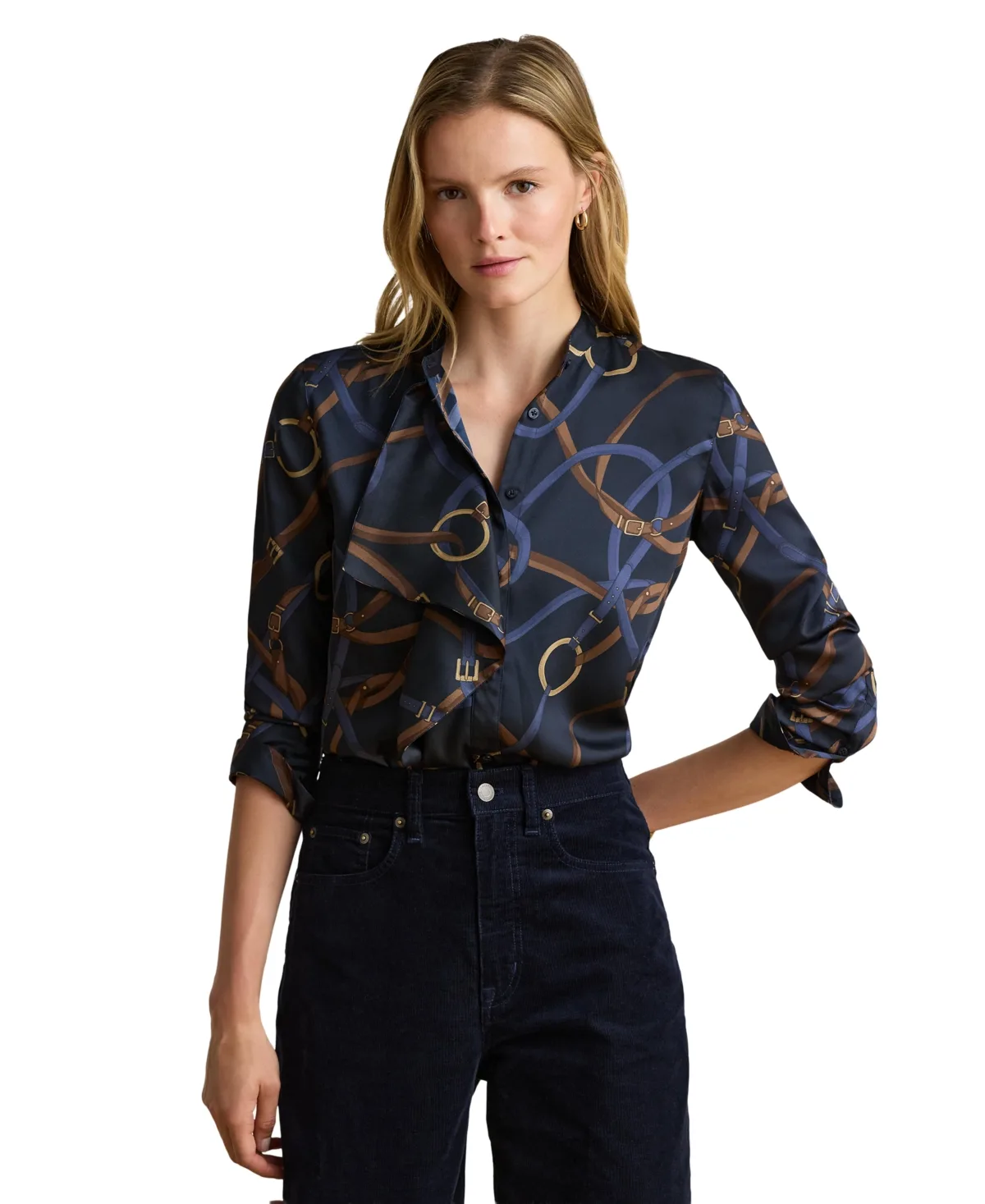 Belting-Print Ruffle-Trim Twill Shirt by Lauren Ralph Lauren