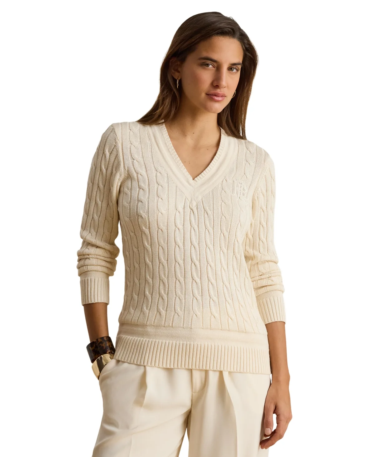 Long-Sleeve V-Neck Cable Knit Sweater by Lauren Ralph Lauren
