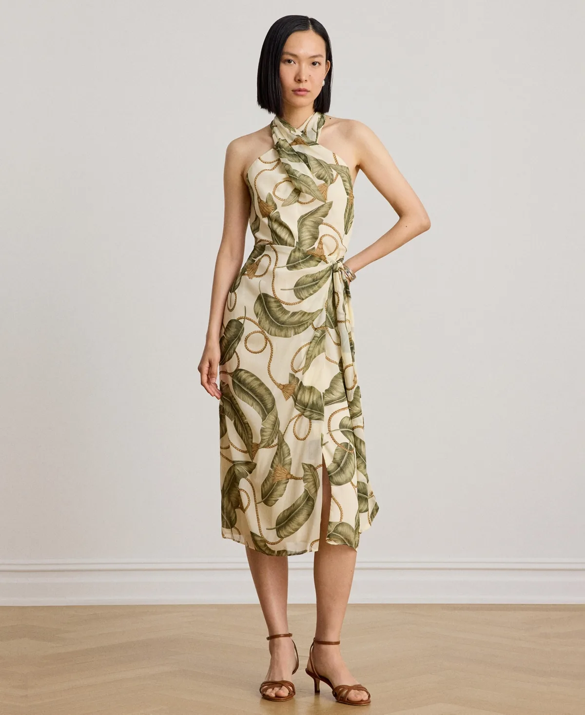 Printed Crisscross Halter Neck Midi Dress