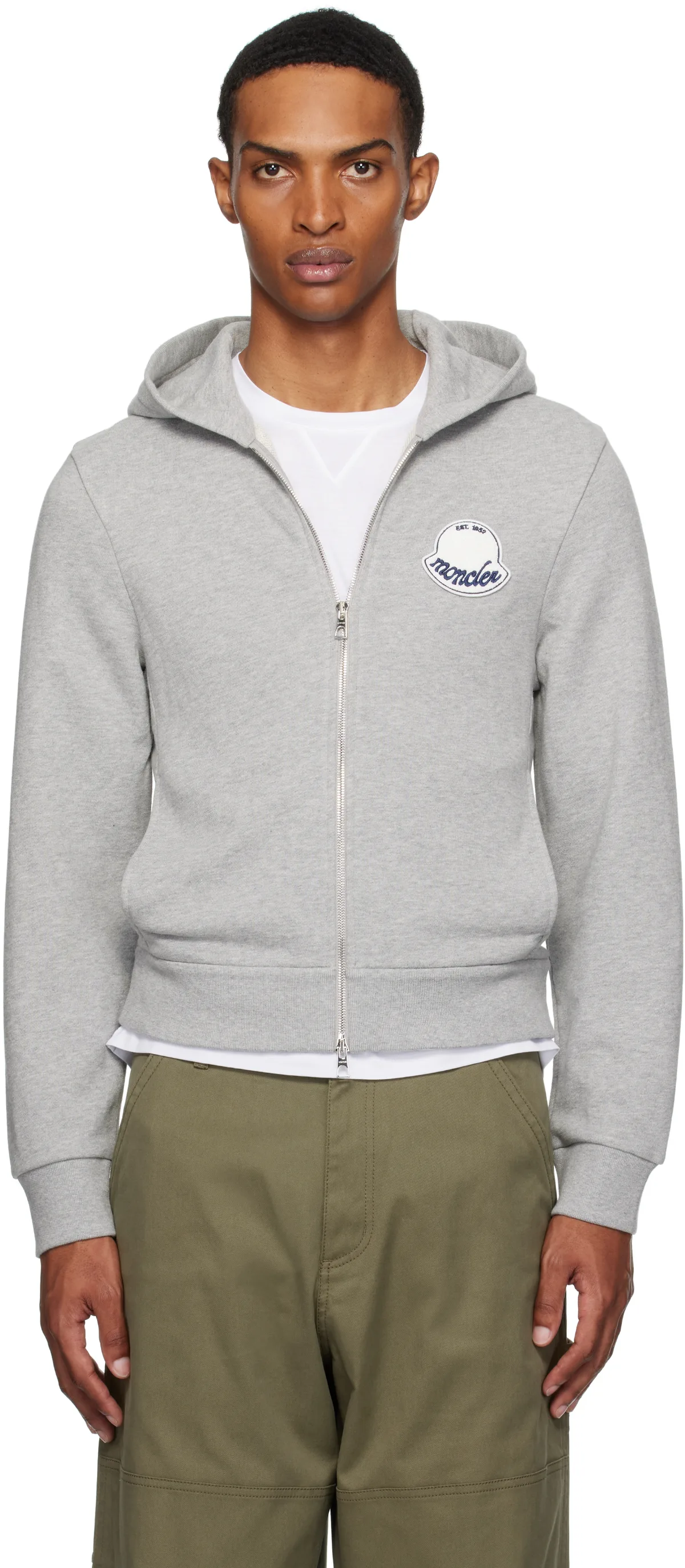 Gray Logo Cotton Zip-Up Hoodie