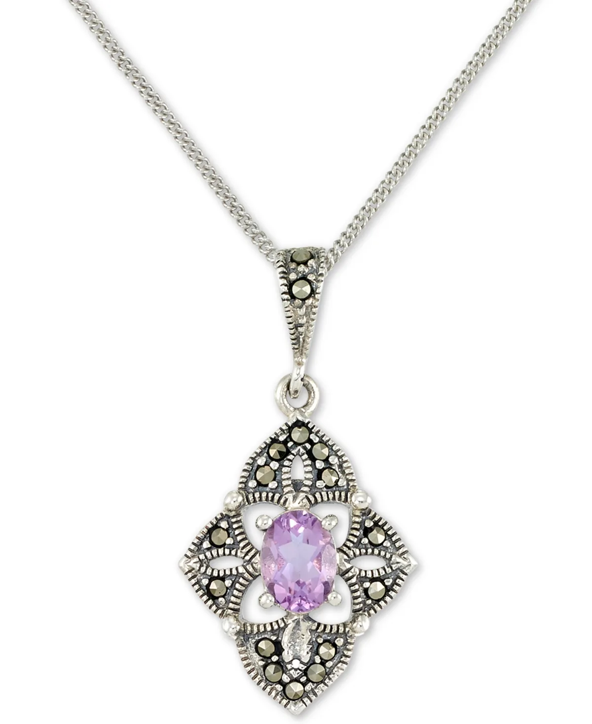 Amethyst (1/2 ct. t.w.) & Marcasite Flower 18" Pendant Necklace in Sterling Silver by Macy's