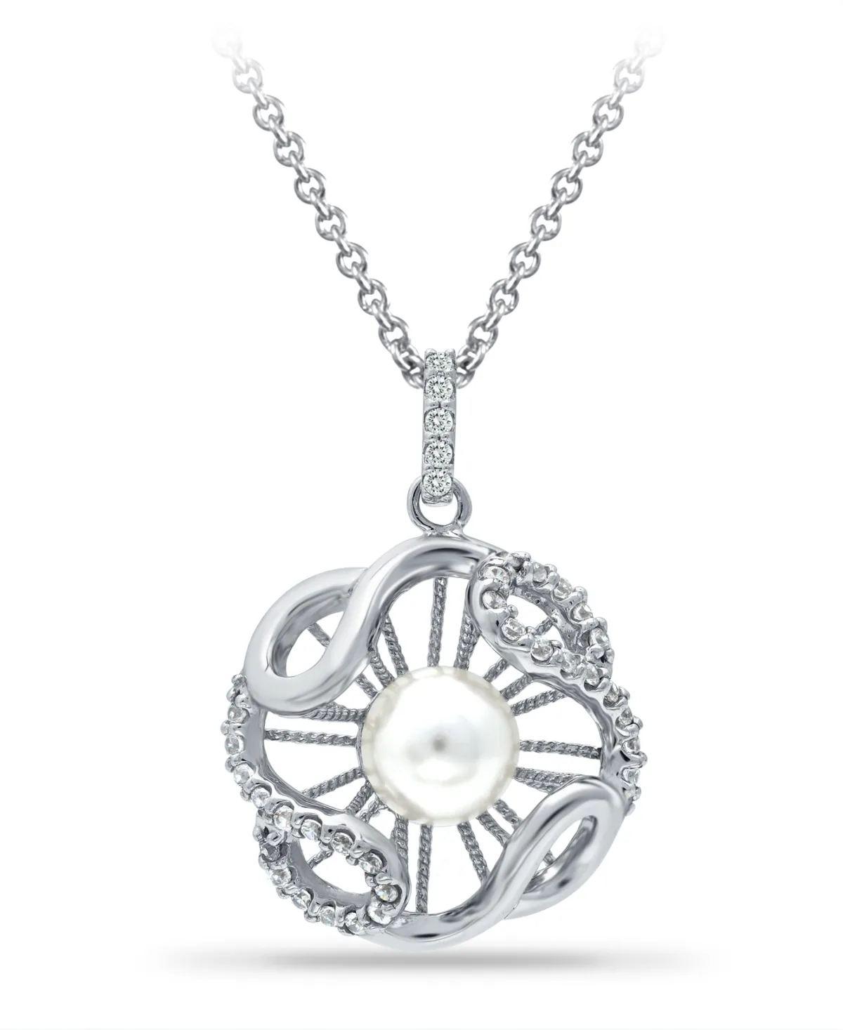 Imitation Pearl and Cubic Zirconia Crystal Halo Pendant Silver Plate 18" by Macy's