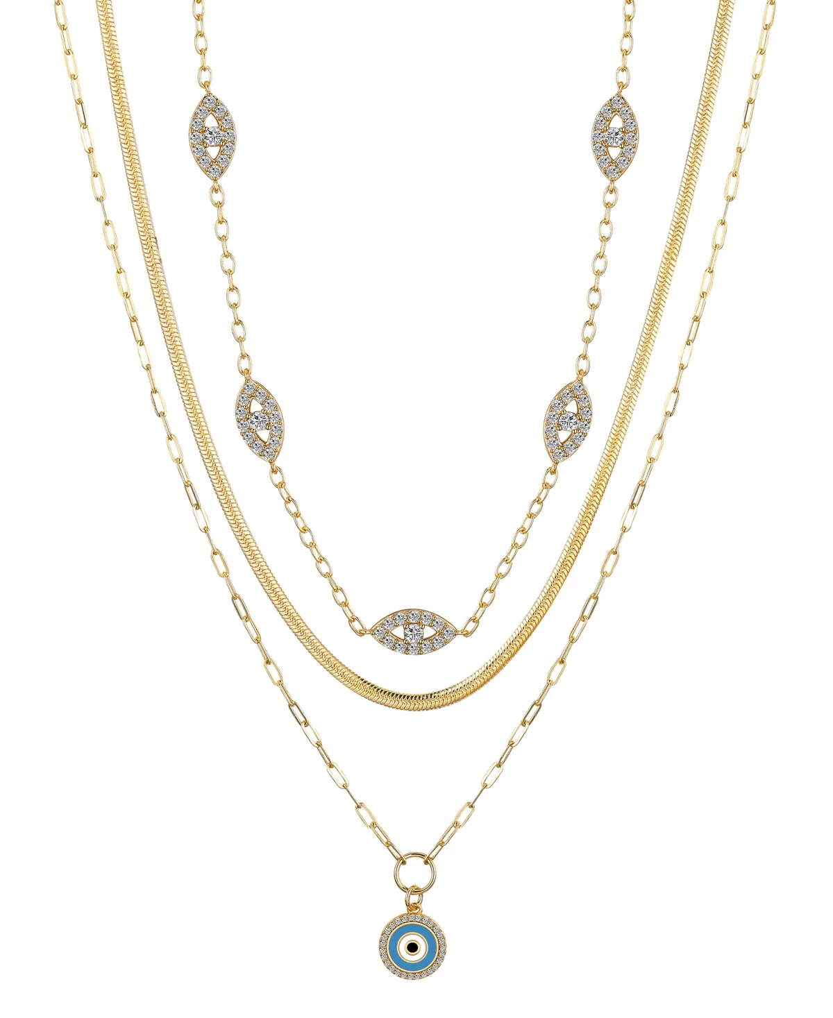 Cubic Zirconia Evil Eye Paperclip Layered Pendant Necklace Set