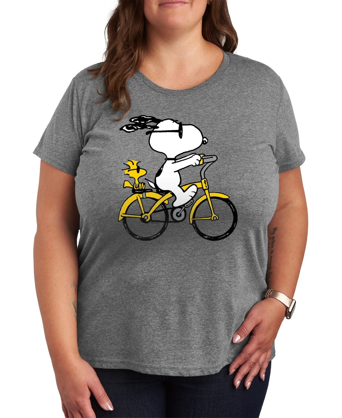 Peanuts Snoopy Bike Ride Graphic Crew Neck T-Shirt by Hybrid Apparel