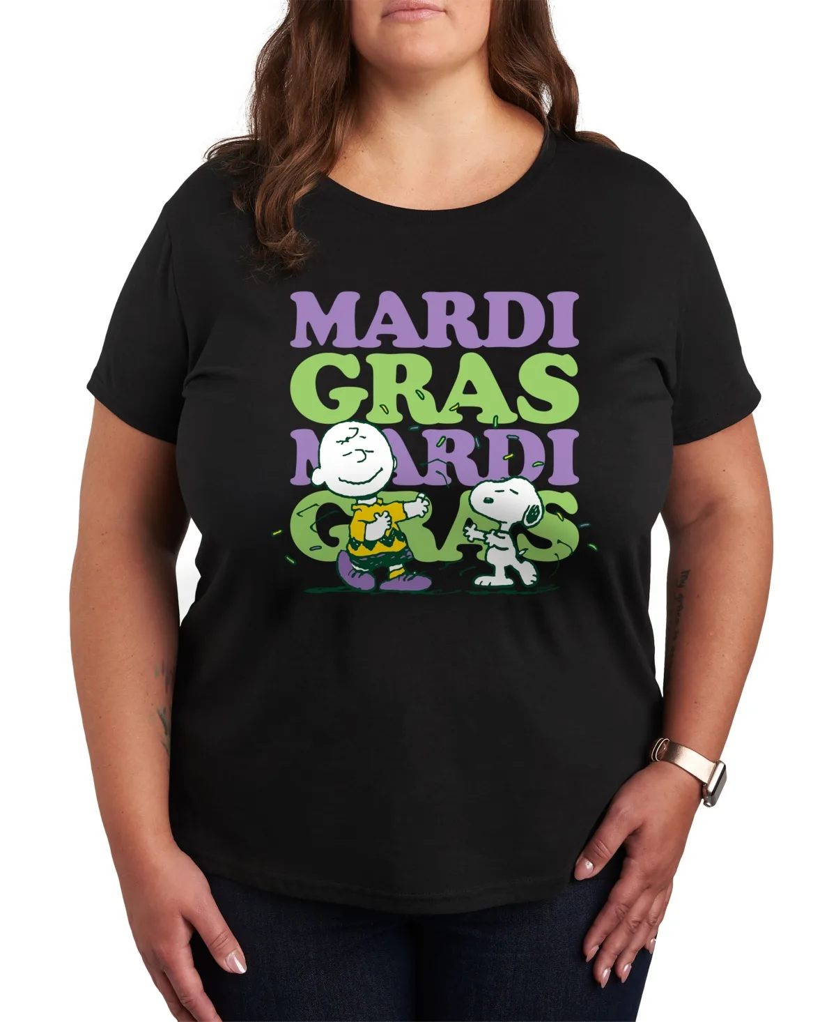 Trendy Peanuts Mardi Gras Graphic Crew Neck T-Shirt by Hybrid Apparel