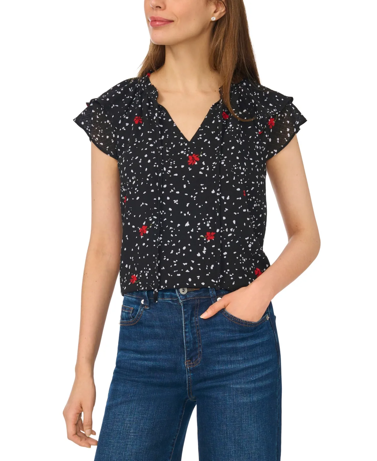 Printed Flutter-Sleeve Tie Neck Top by Cece