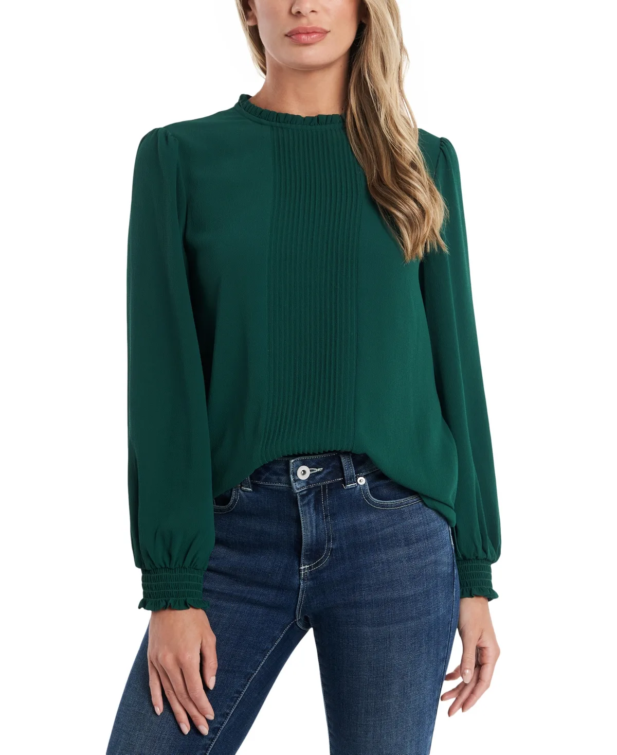Long Sleeve Smocked Cuff Pin-Tuck Front Blouse by Cece
