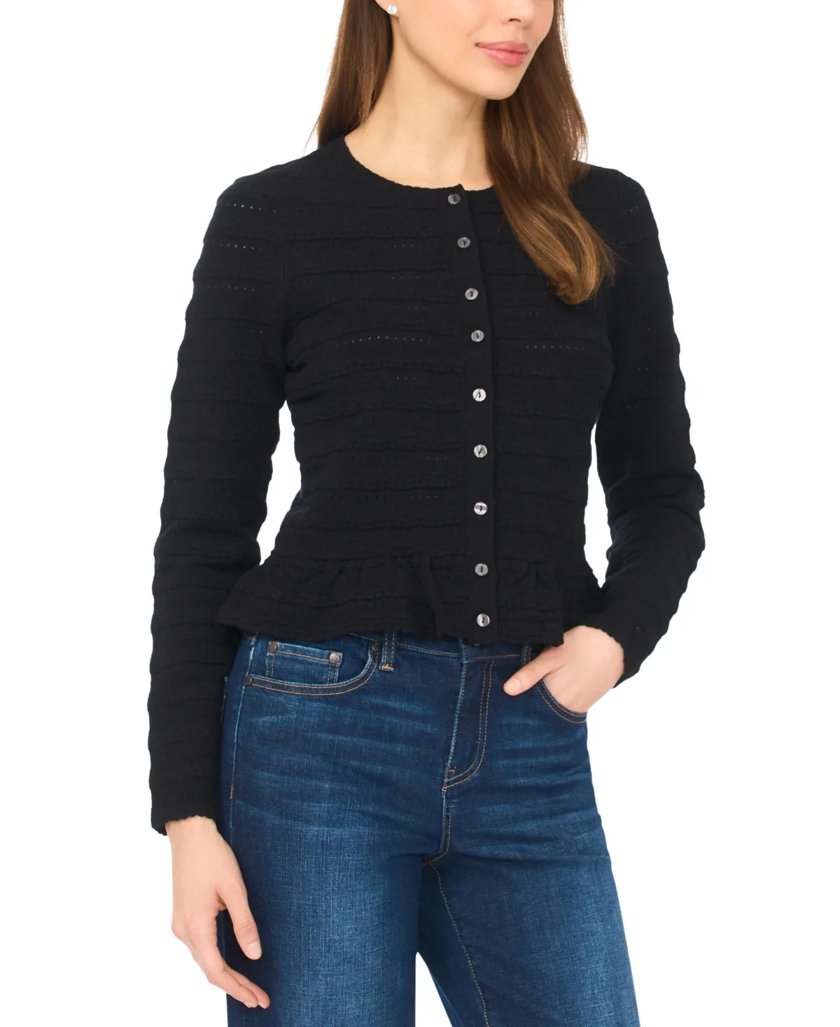 Long-Sleeve Crew Neck Cardigan by Cece