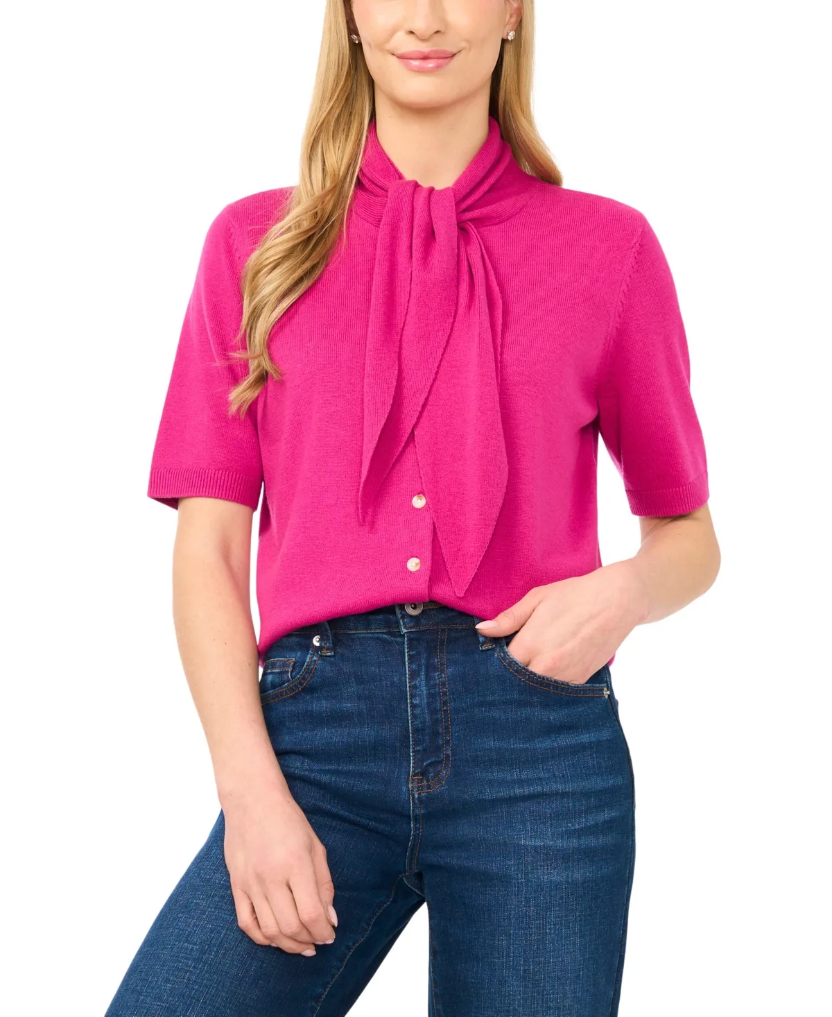 Tie Neck Front Button Cardigan by Cece