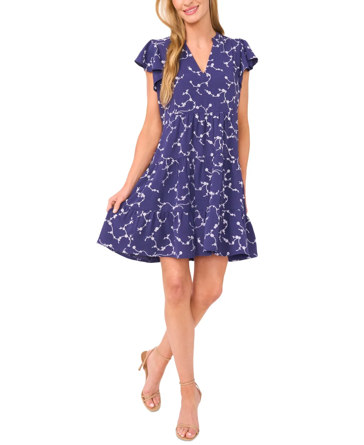 Short-Sleeve Ruffled Tiered Dress by Cece