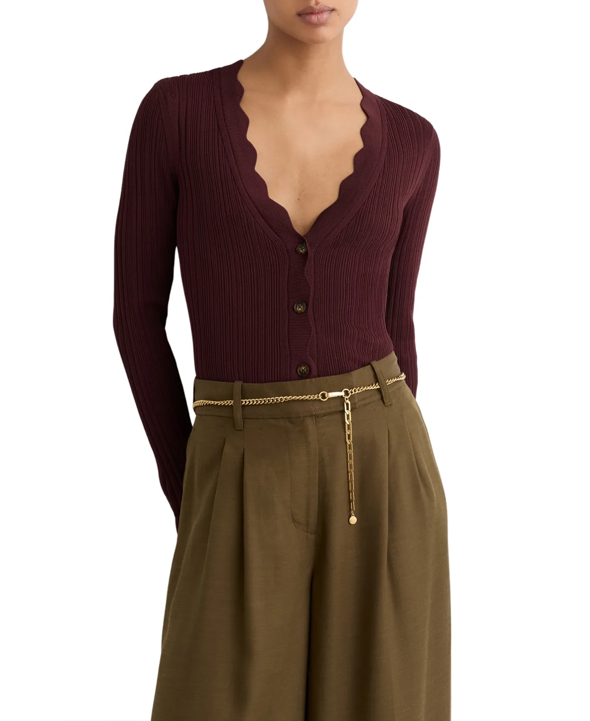 Vinny Rib-Knit Scallop-Trim Cardigan by Reiss