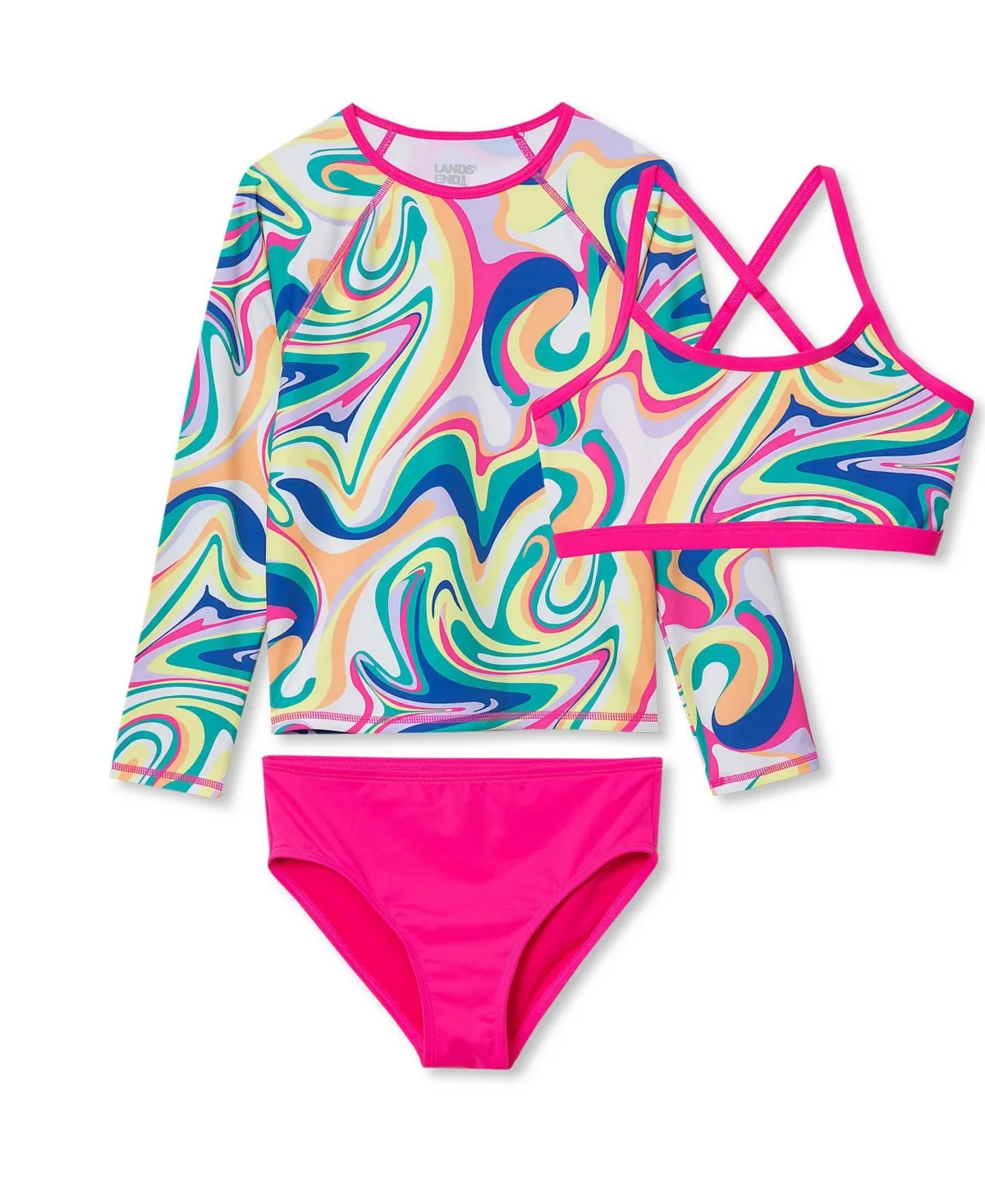 Chlorine Resistant Long Sleeve Rash Guard Bikini 3 Piece Swimsuit Set by Lands' End