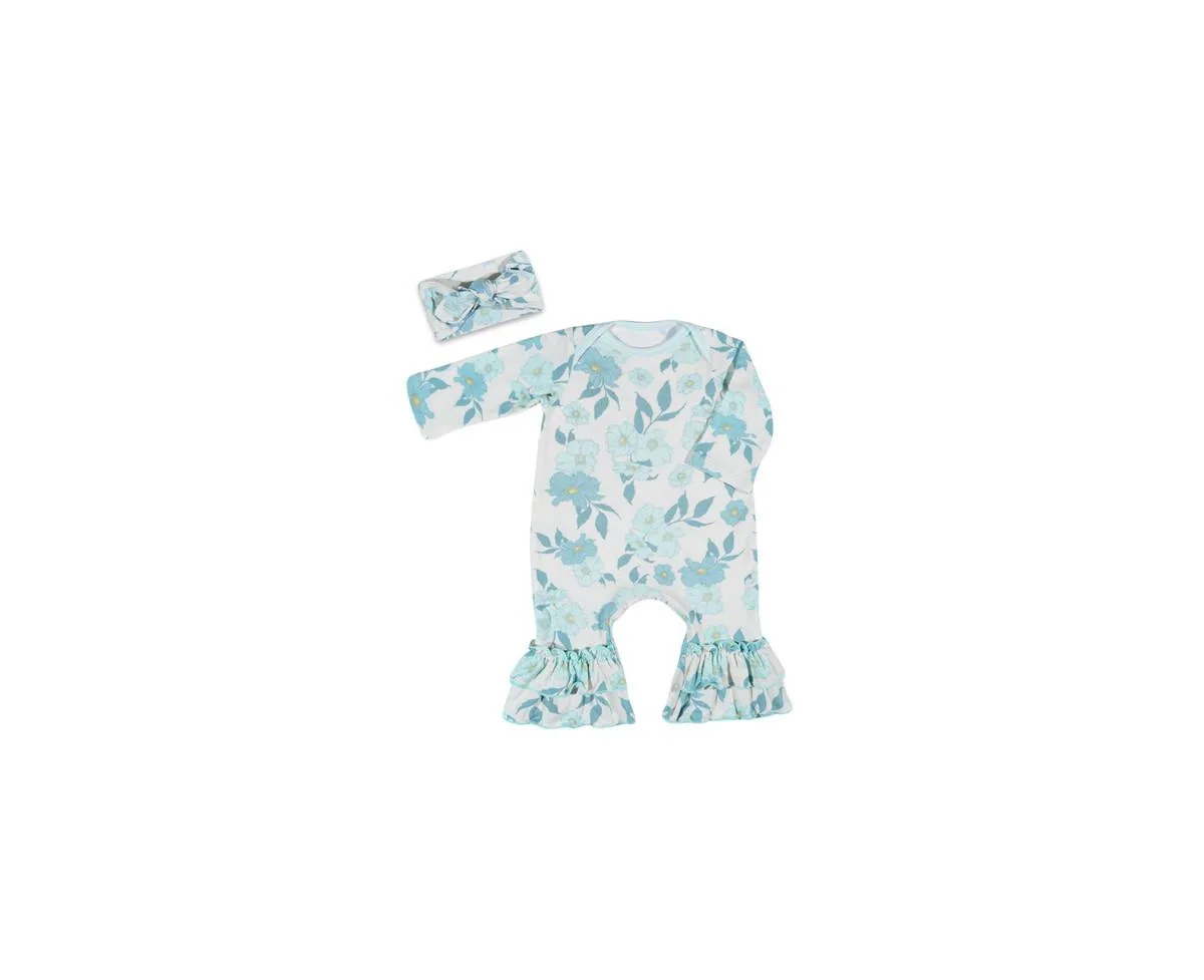 Ruffle Long Sleeve Romper & Head Wrap Set by Baby Grey By Everly Grey
