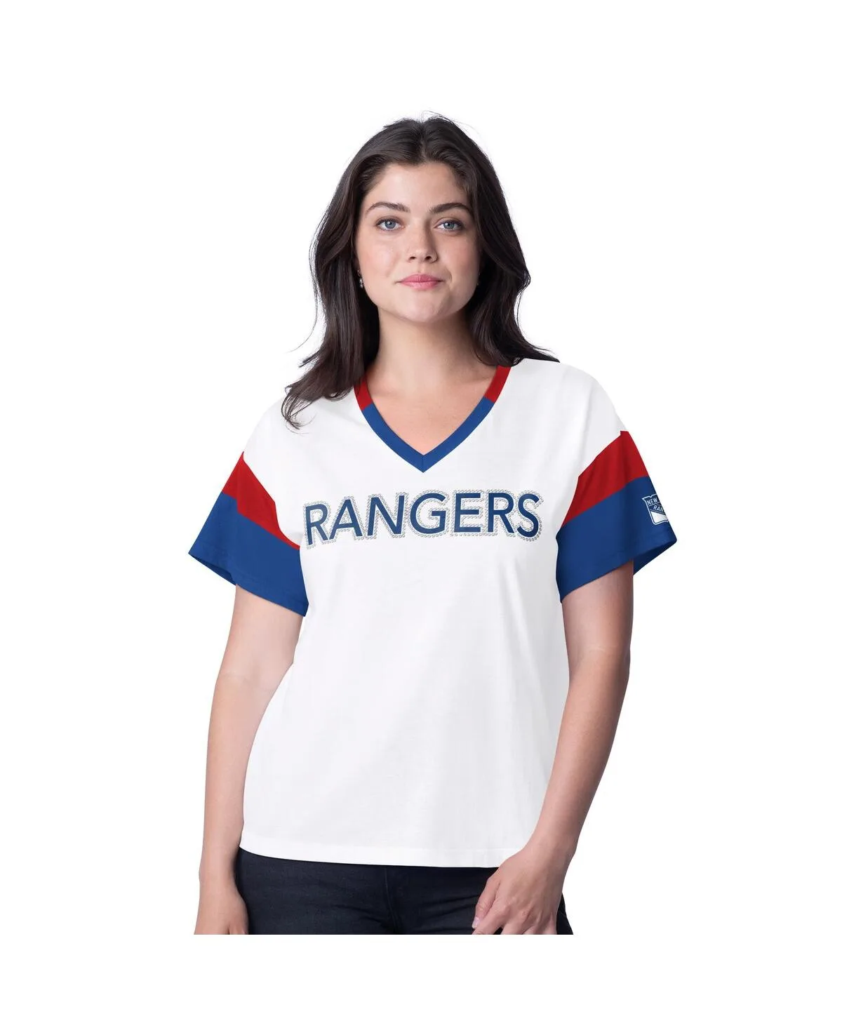 New York Rangers Rink Oversized Rhinestone V-Neck T-Shirt by G-iii 4her By Carl Banks