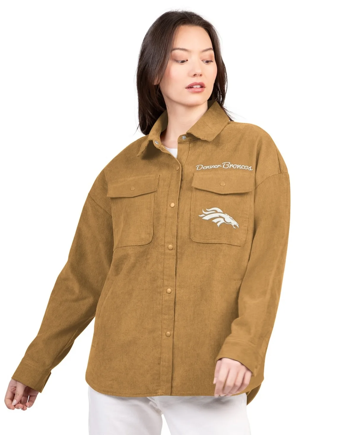 Denver Broncos Re-Match Corduroy Full-Snap Shacket by G-iii 4her By Carl Banks