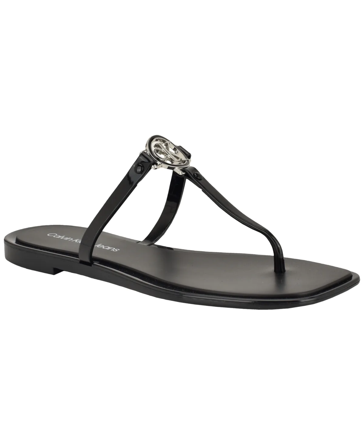Ellye Logo T-Strap Flat Slip-On Sandals by Calvin Klein