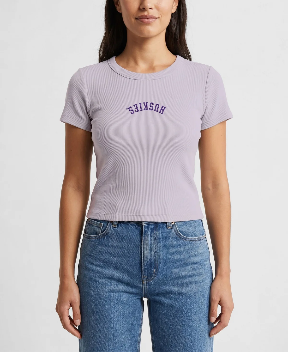 Washington Huskies Upside Down Embroidery Ribbed Cropped T-Shirt by Uscape Apparel