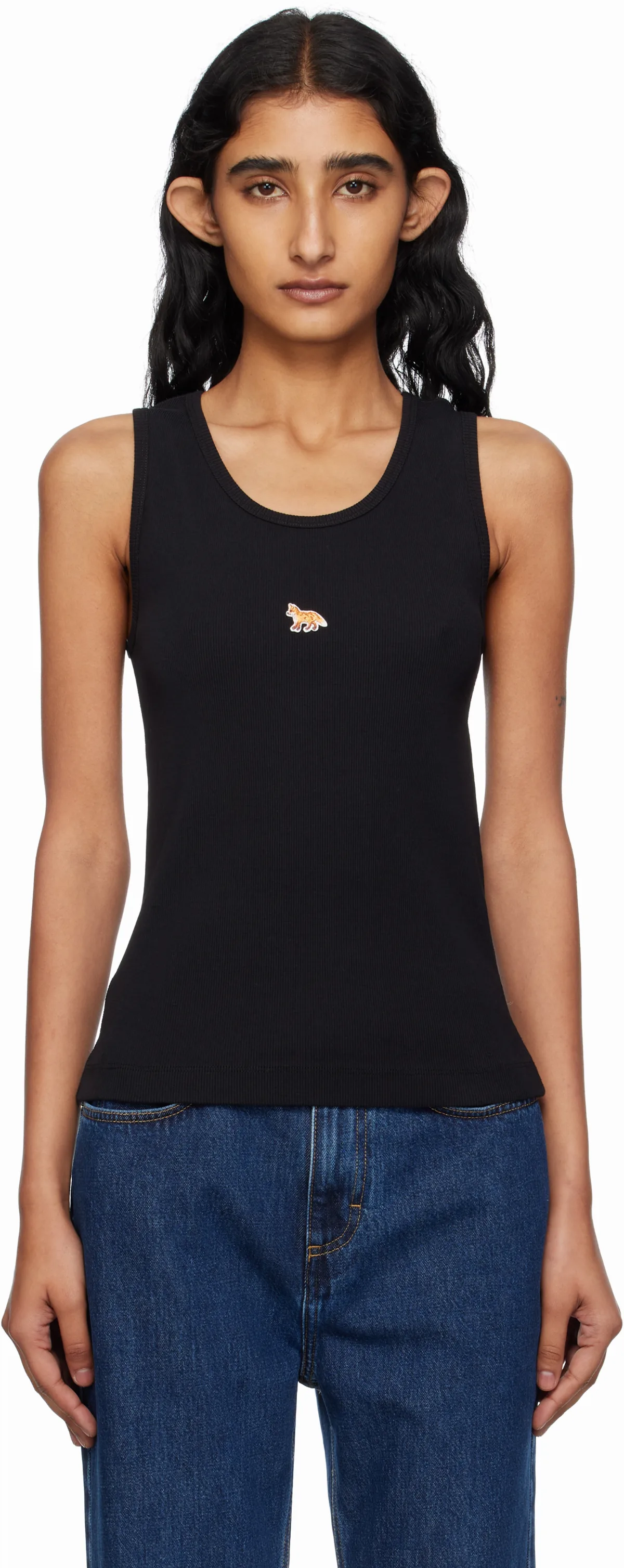 Black'Baby Fox' Ribbed Tank Top by Maison Kitsuné